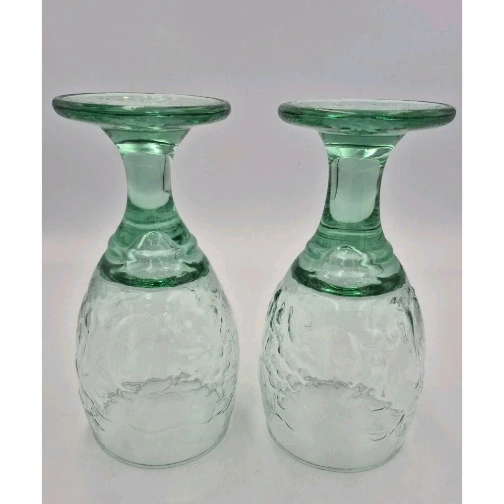 Set of 2 VTG Libbey Glass Orchard Fruit Pattern Green Tinted Footed Goblets 7